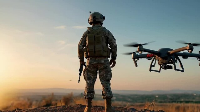 Soldier Operating a Drone at Sunset