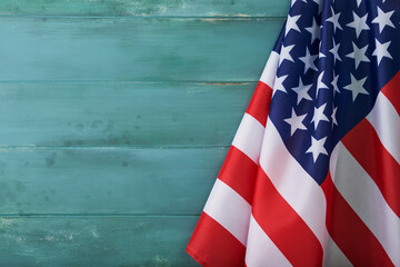 4th of July background. Empty wooden blue plank table with American USA flag. National Flag Day....