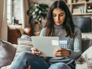 Fototapeta premium woman busy paying bills online on computer calculating household finances or taxes, make payment on laptop