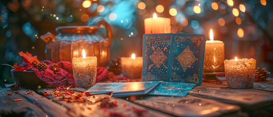 Enchanting Mystical Scene with Tarot Cards, Candles, and Cauldron on Wooden Table