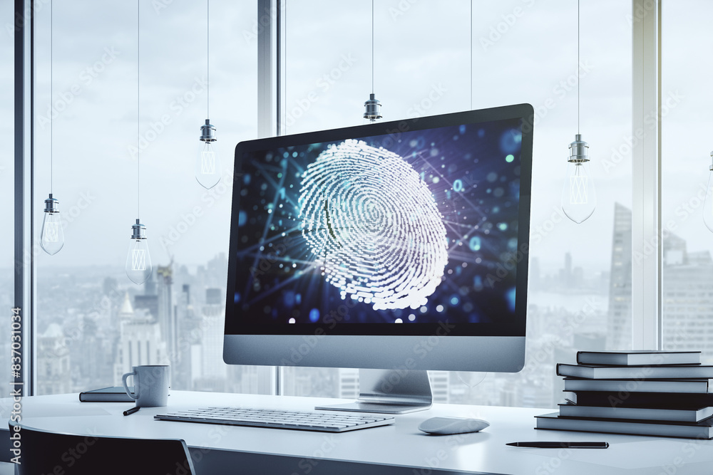 Aufkleber Abstract creative fingerprint concept on modern laptop screen. 3D Rendering