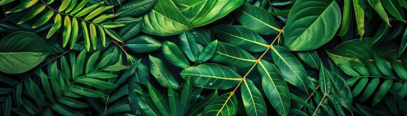 Fototapeta premium Close-up of various green tropical leaves, showcasing nature's diversity and lush foliage, perfect for nature-inspired designs and backgrounds.