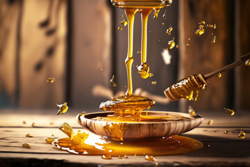 honey dripping from a spoon ona wooden table