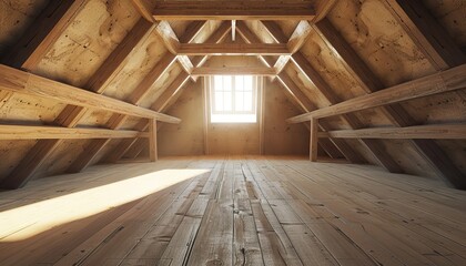 Obraz premium Sunlit Attic Room With Wooden Beams and Floorboards