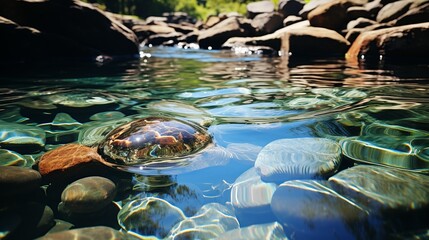 A close-up of a swirling whirlpool in a crystal-clear stream, with water droplets suspended in motion and sunlight dancing on the rippling surface, creating a mesmerizing natural pattern. Minimal and