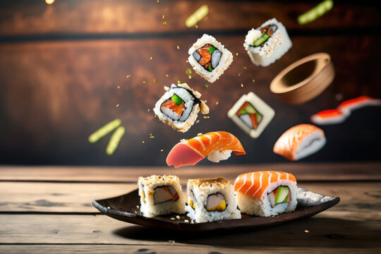 sushi sashimi on wooden table