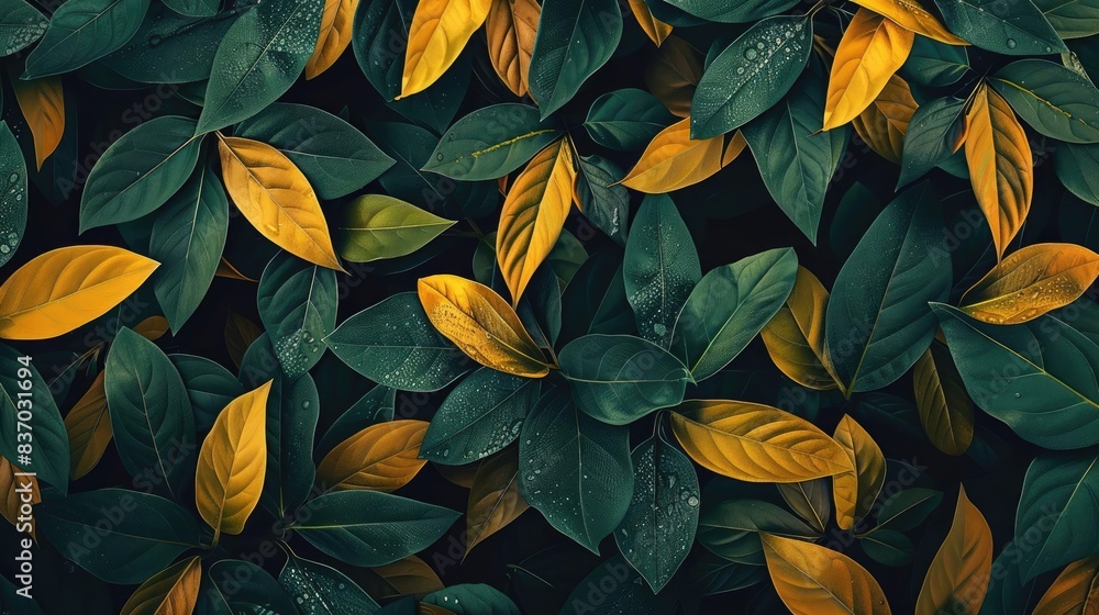 Poster vibrant green and yellow leaves creating a lush pattern, perfect for nature backgrounds or botanical
