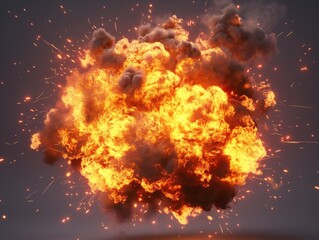 Realistic fiery explosion over a dark background, Large fireball with black smoke