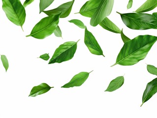 Green Floating Leaves Flying, Green Leaf Dancing, Air Purifier Atmosphere on white background
