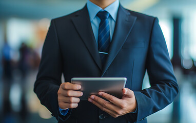 Businessman in Suit Holding Tablet in Office