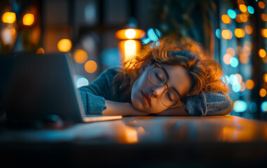 Obraz premium Tired Woman Asleep at Desk with Laptop