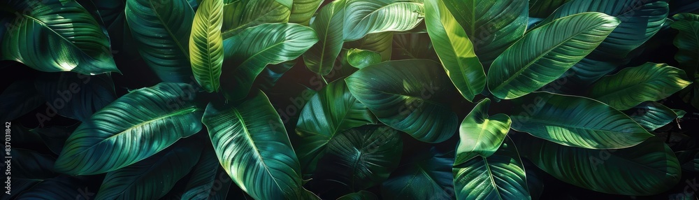 Poster lush green tropical leaves with sunlight filtering through, creating a serene and natural jungle sce