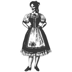 Dirndl Maid: Vintage Engraving of Woman in Traditional Bavarian Dress.
