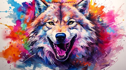Vibrant watercolor painting of a wolf's face with a colorful splash background, showcasing vivid artistry and dynamic color contrasts.