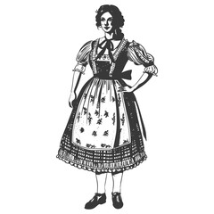 Hand-drawn Dirndl Woman: Traditional Bavarian Dress, Folk Costume Illustration.