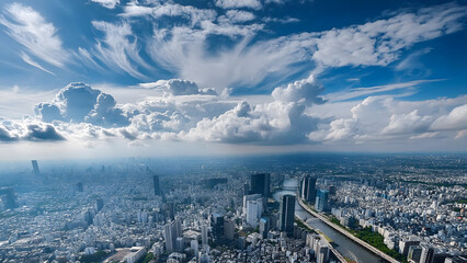Obraz premium 空 雲 cloud sunny sky 夏の青空 積乱雲 東京の上空 航空写真
