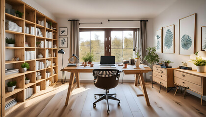 A functional and stylish home office with a large desk, ergonomic chair, and built-in bookshelves.