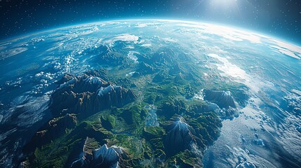 Obraz premium Photorealistic 3D Render of Planet Earth Viewed from Space with Exaggerated Features, Mountain Ranges, Emerging Trees in Jungles, and Ocean Waves, Created in Unreal Engine 5. High Definition and Detai