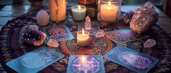 Mystical Tarot Card Spread in Celtic Cross with Crystals and Candles for Divination Ritual
