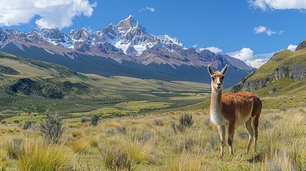 Wildlife in Patagonia, such as guanacos grazing in a vast grassland with snow-capped mountains in the distance, showcasing the region's biodiversity.