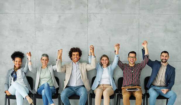 man business chair sitting waiting woman businessman candidate recruitment businesswoman office businessperson job young interview holding hands together - Powered by Adobe