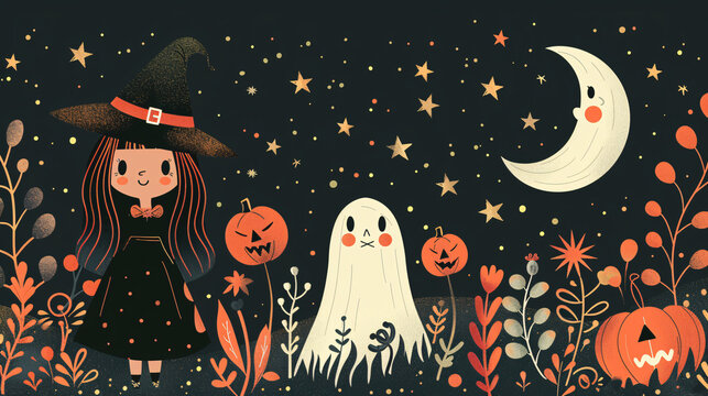 Fun and spooky vibes SVG design with a witch, ghost, and Halloween decorations
