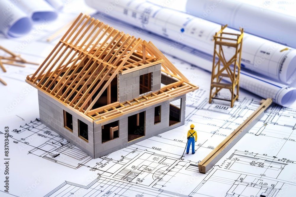 Poster construction worker constructing a house according to blueprints on a construction project site