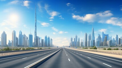 a highway in Dubai with modern architecture buildings and a city skyline in the background