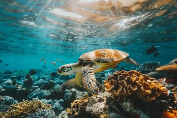 Obraz premium Vibrant underwater habitat. turtle and diverse marine life in the depths of the ocean