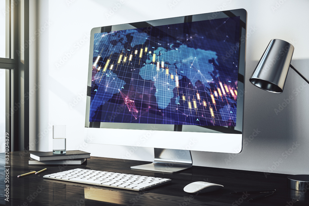 Poster Modern computer screen with abstract creative financial chart with world map, research and analytics concept. 3D Rendering