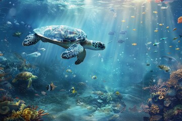 Fototapeta premium Vibrant underwater scene with diverse marine life and a majestic turtle swimming in the ocean depths