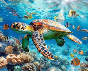 Fototapeta premium Vibrant underwater scene with diverse marine life and majestic sea turtle in their natural habitat