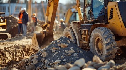Obraz premium Backhoe hydraulic arm and bucket as it lifts a load of dirt from a trench at a construction site