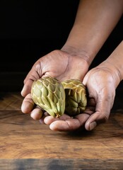 Hands holding handful of cherimoya fruits