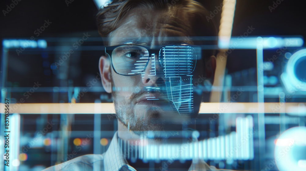 Poster a man wearing glasses stares intently at a computer screen, his face obscured by a digital display o