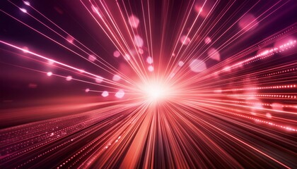 Fototapeta premium Pink fiber optic lights bursting from a central point, creating a vibrant visual effect. The radiant beams and shimmering dots evoke innovation, advanced technology, and a futuristic atmosphere. 