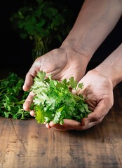 Hands holding handful of cilantro parsley