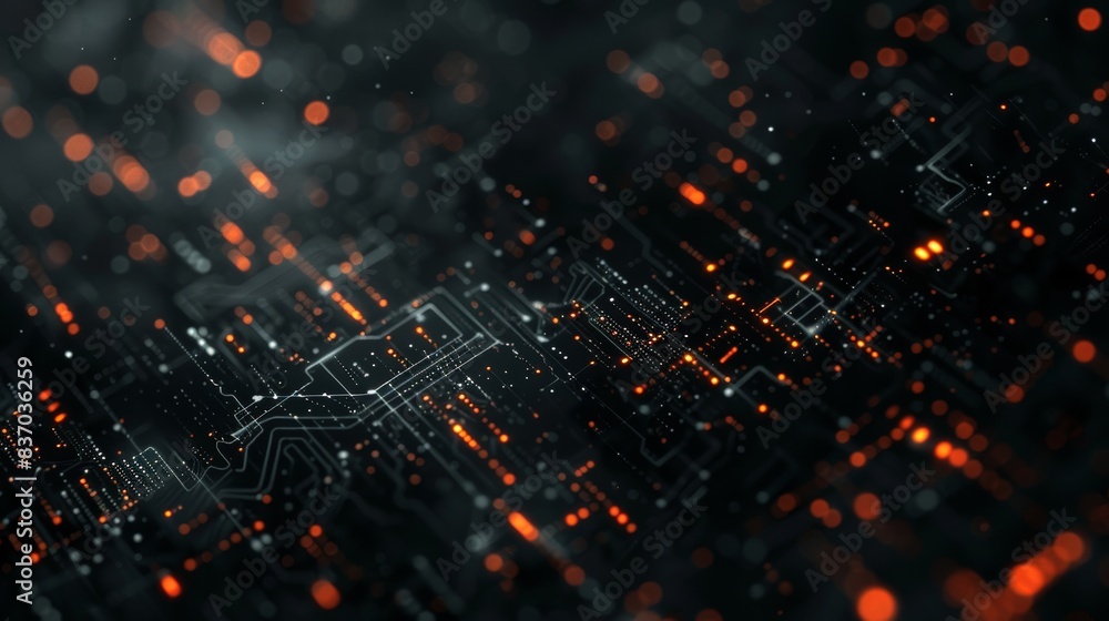 Poster neon red circuit board abstract. digital artwork features intricate circuit board lines illuminated 