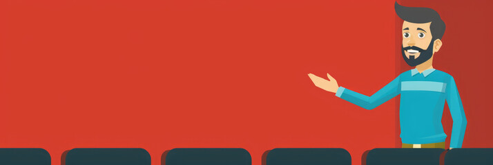 Fototapeta premium A man with a beard is giving a presentation in front of a red wall. He is standing in front of an empty audience, with only a few chairs in the foreground