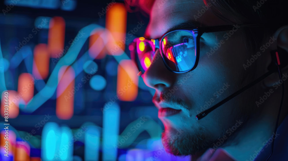 Poster a man wearing glasses and a headset sits in front of a computer screen, his face illuminated by the 