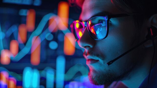 A man wearing glasses and a headset sits in front of a computer screen, his face illuminated by the glow of the data charts displayed on the screen
