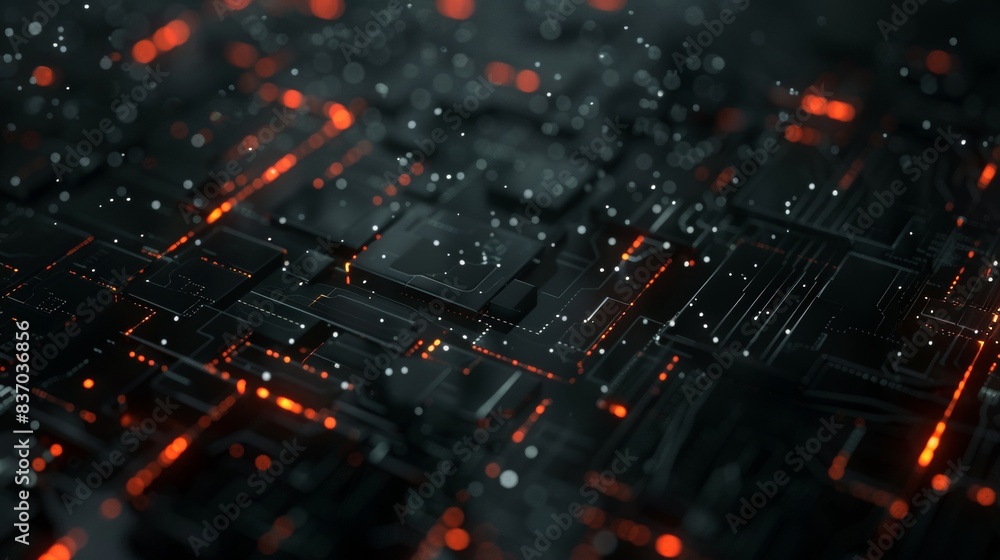 Poster neon red circuit board abstract. digital artwork features intricate circuit board lines illuminated 