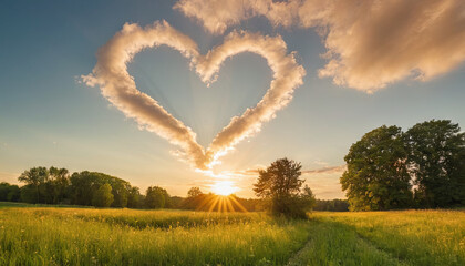 Obraz premium A heart-shaped cloud formation in the sky with a setting sun over a field
