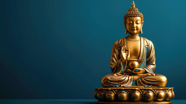 Buddha statue in a blue room with copy space for text