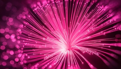 Obraz premium Vibrant pink fiber optic lights radiating from a central point, creating a dynamic and energetic visual effect. The bright beams and glowing dots evoke a sense of innovation, technology.