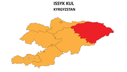Issyk Kul Map in Kyrgyzstan. Vector Map of Kyrgyzstan. Regions map of Kyrgyzstan.