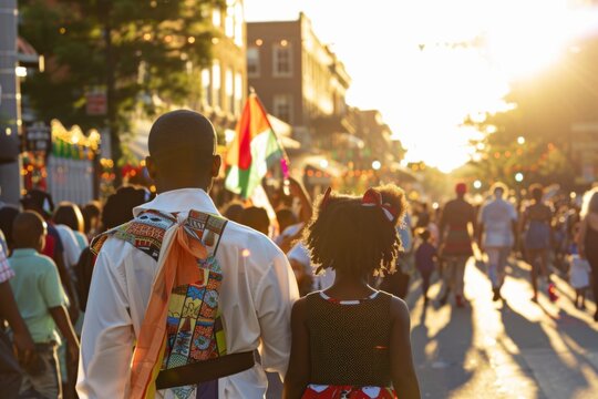 A vibrant street festival with people celebrating and enjoying a sunny day, showcasing cultural diversity and community spirit.