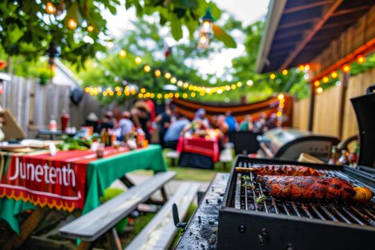 Outdoor Juneteenth celebration with BBQ, festive atmosphere, and colorful decorations, capturing the essence of community and cultural pride.