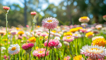 Obraz premium Colorful strawflower field in spring, with pink and yellow daisies blooming on the grassland. The background is blurred green trees under sunlight. Natural scenery of Australian countryside landscape 