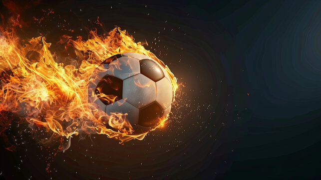 Banner for World Football Day, which is celebrated on December 10. Illustration of a soccer ball engulfed in flames isolated on a black background with copy space